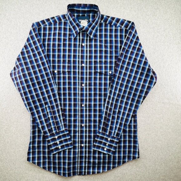 Wrangler Western Pearl Snap Plaid Shirt Size M Long Sleeve Blue Cotton Cowboy - Picture 1 of 10
